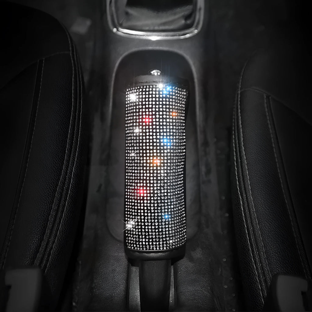 Black polyester rhinestone-studded handbrake cover for car interior with White Diamond stones