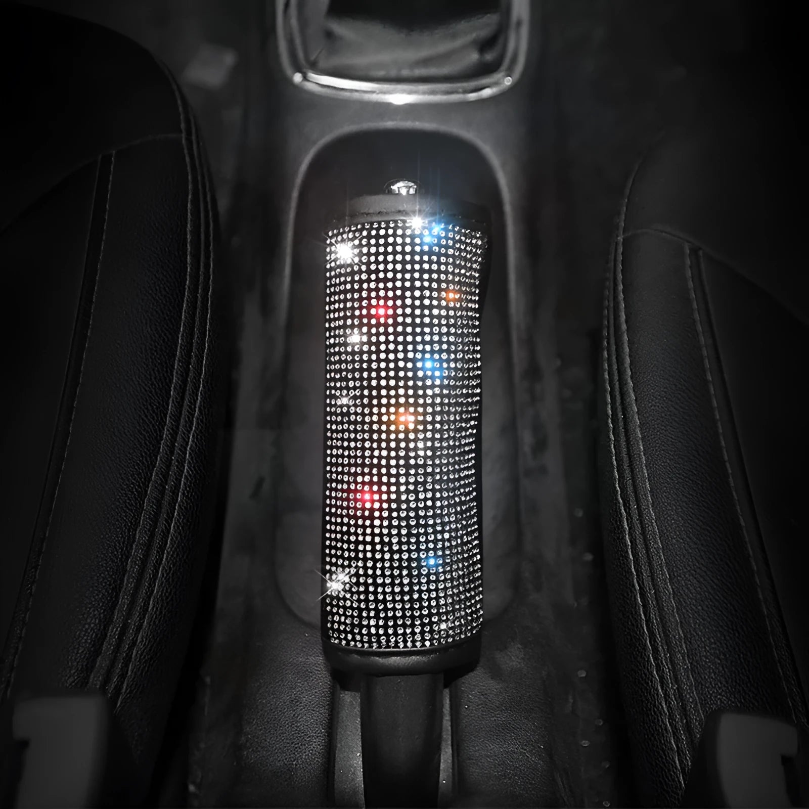 Black polyester rhinestone-studded handbrake cover for car interior with White Diamond stones