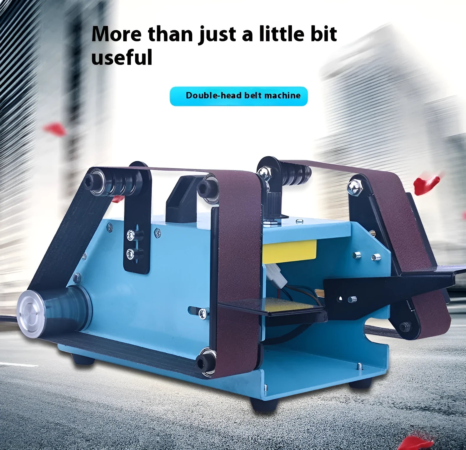 Blue desktop dual-axis belt sander for sharpening knives and sanding, showing the motor, belt, and variable speed switch.