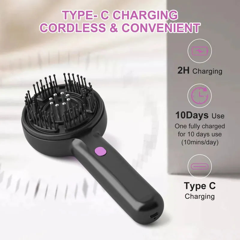 USB-powered head massage comb tingler in black, grey, or red with two-speed control