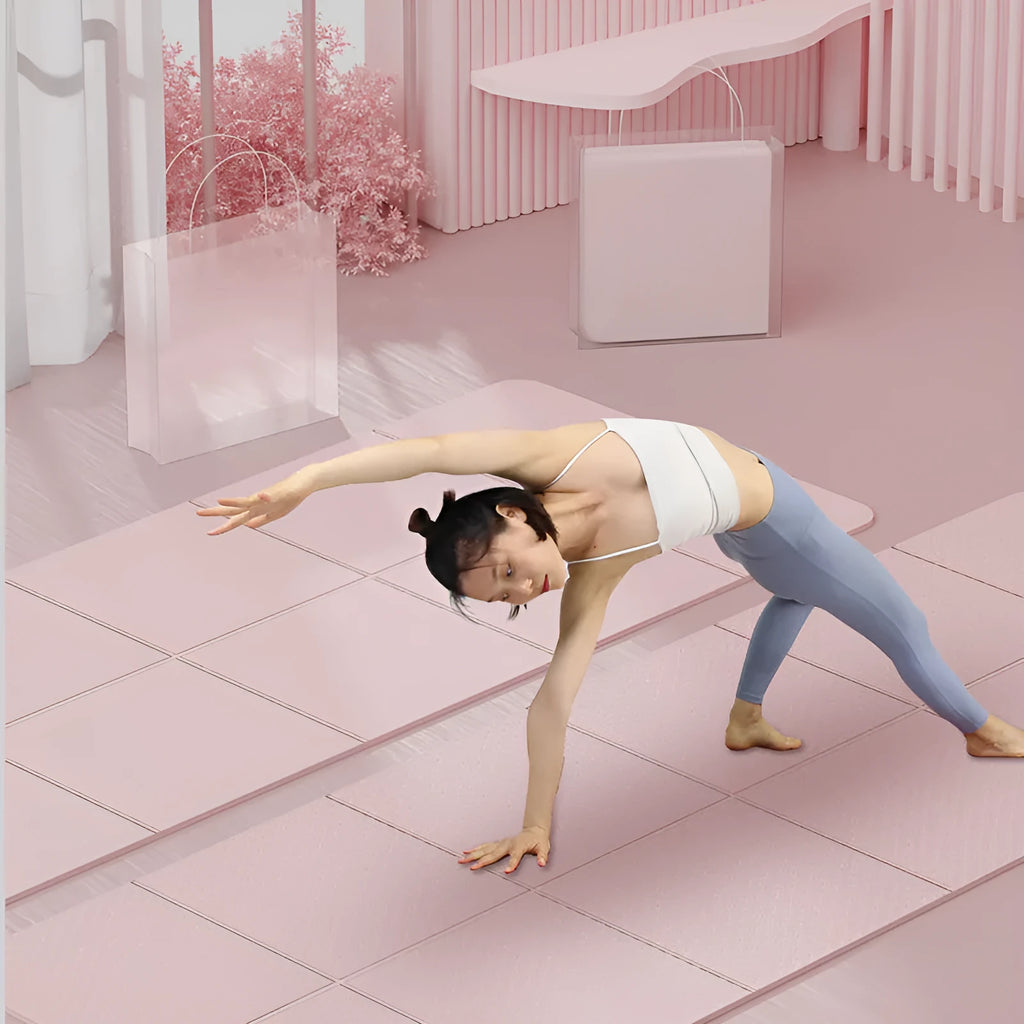 Blue folding TPE gymnastic mat showing its six-fold design and non-slip surface texture.