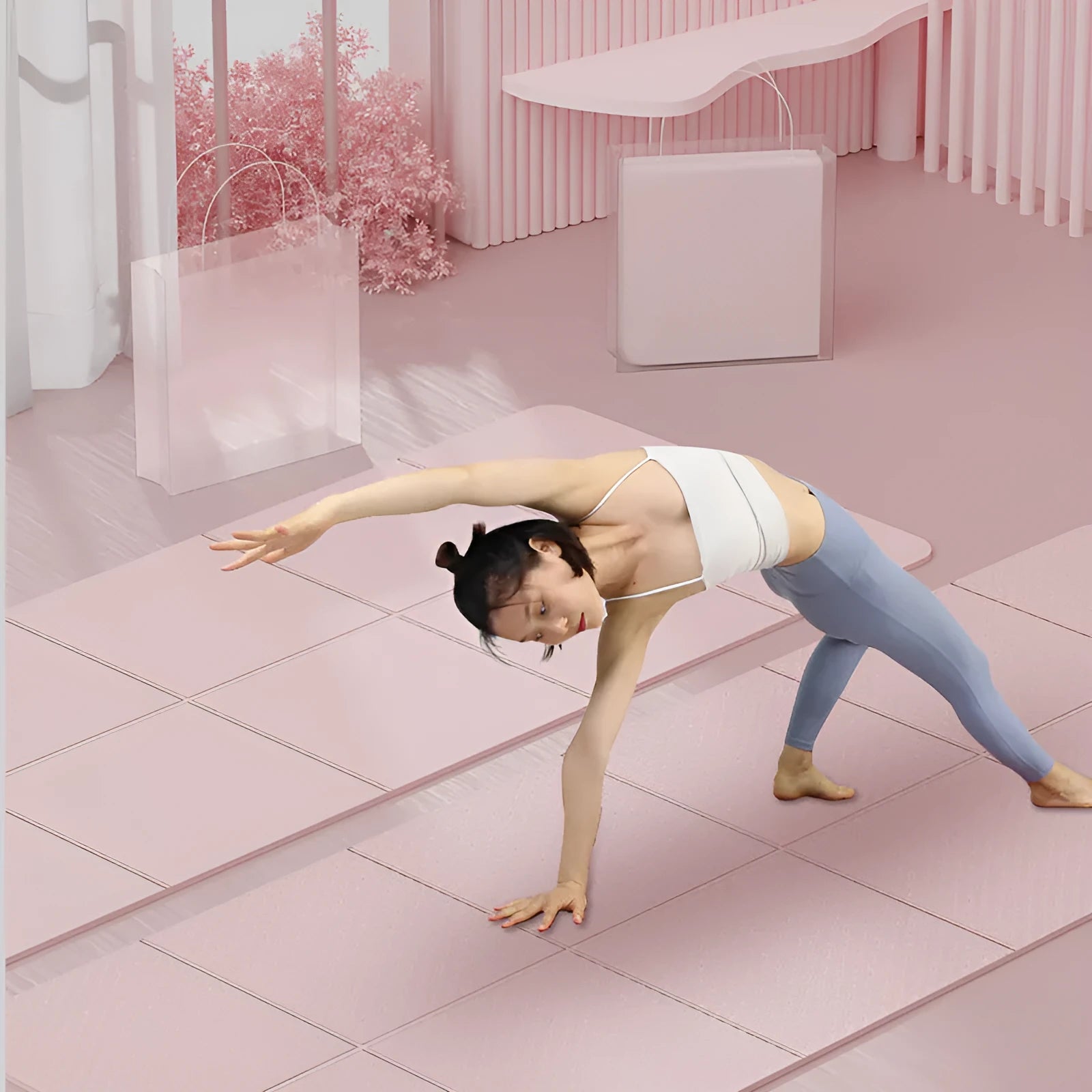 Blue folding TPE gymnastic mat showing its six-fold design and non-slip surface texture.