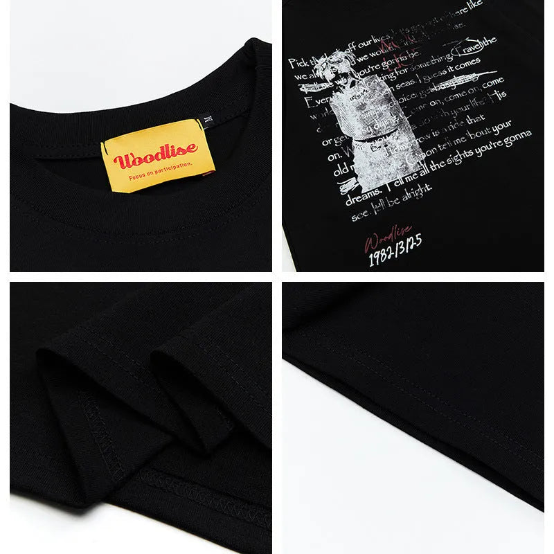 Men's black pure cotton loose retro T-shirt with white letter print and raglan sleeves