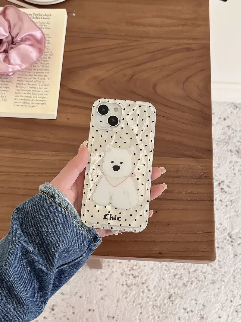 Polka dot West Highland dog TPU phone case for Apple iPhone, anti-fall soft shell in white and black