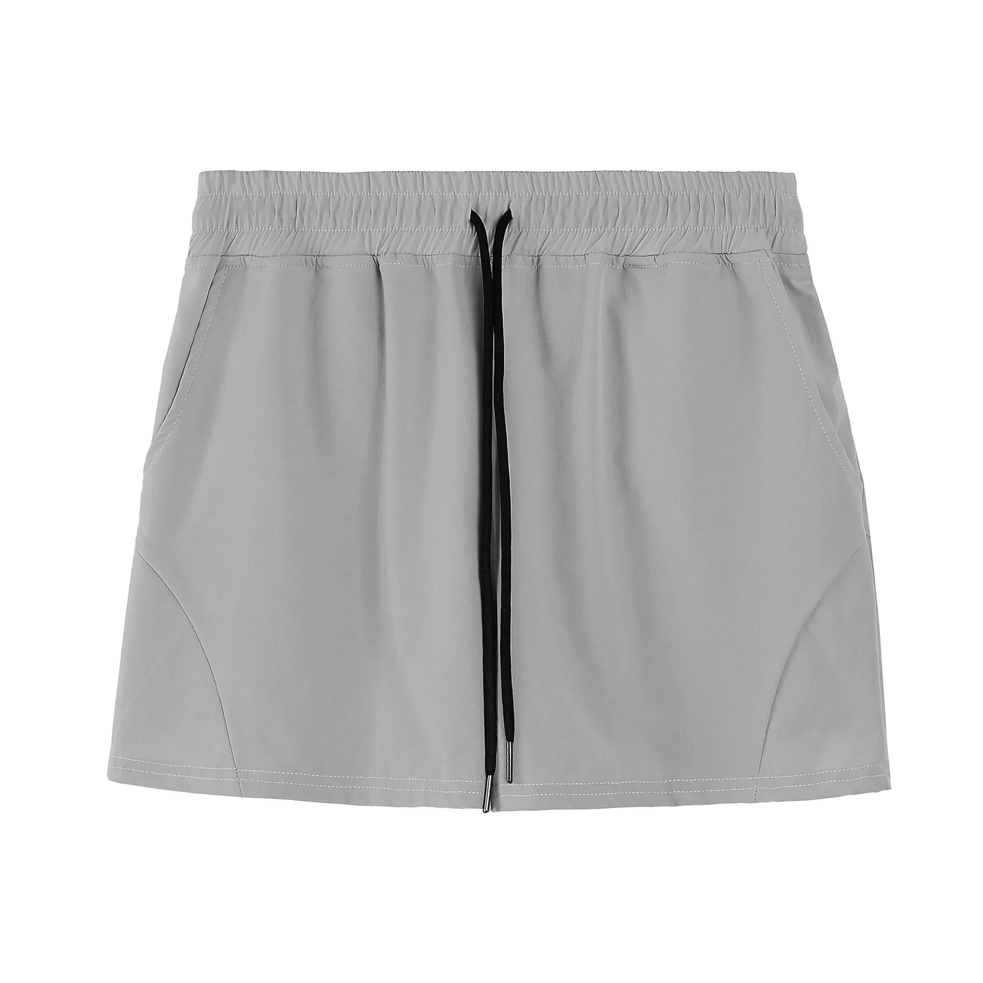 Men's thin grey polyester basketball shorts with an elastic waistband, shown in an athletic context.