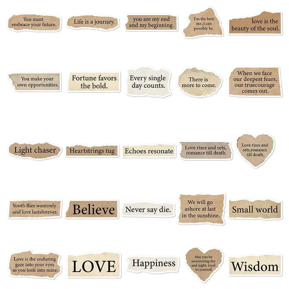 Torn English waterproof PVC laptop stickers measuring 4-7cm with repositionable adhesive
