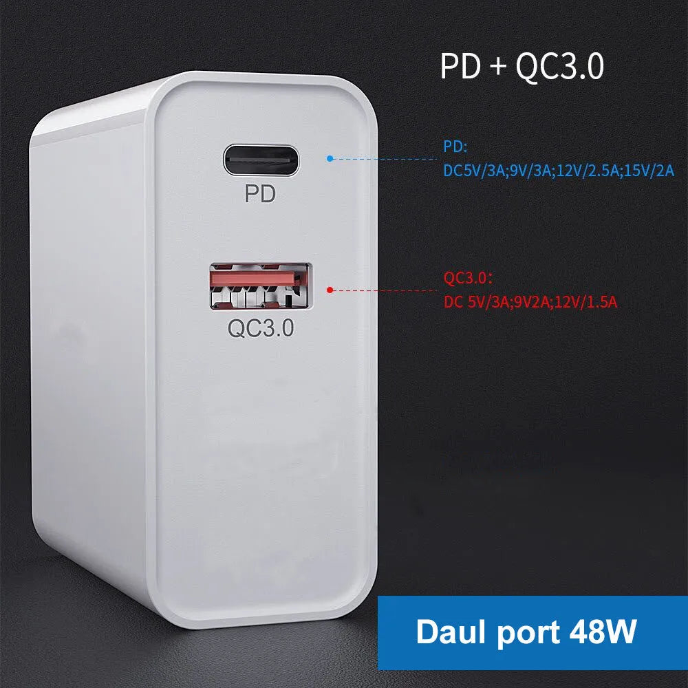 Multi-port fast wall charger with PD and QC support in black or white with international plug adapters