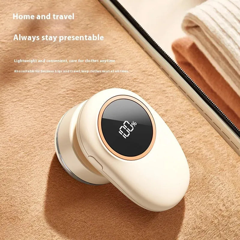 Beige and purple digital fur ball trimmer lint removers with one, two, three, and four cutter head options on a table.