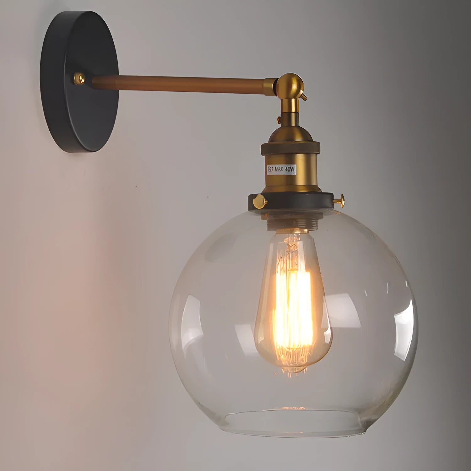 Retro round ball glass wall lamp with aluminium holder in 20cm size