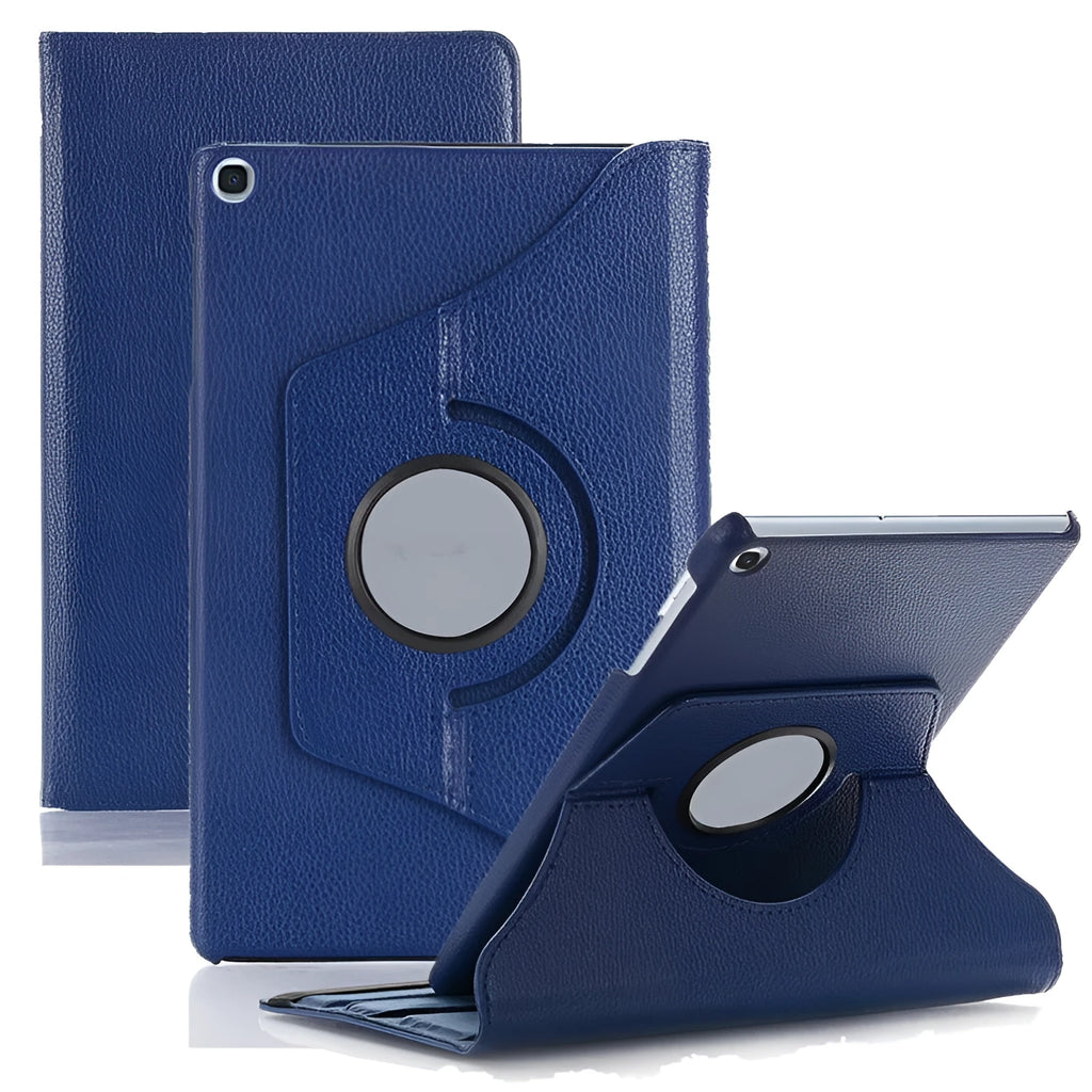 Imitation leather rotating clamshell protective sleeve for iPad and iPad Pro tablets.