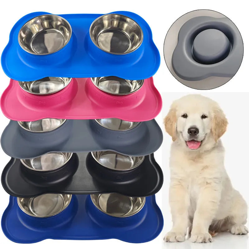 Large silicone dog bowl with stainless steel insert in choice of five colours on a plain background.