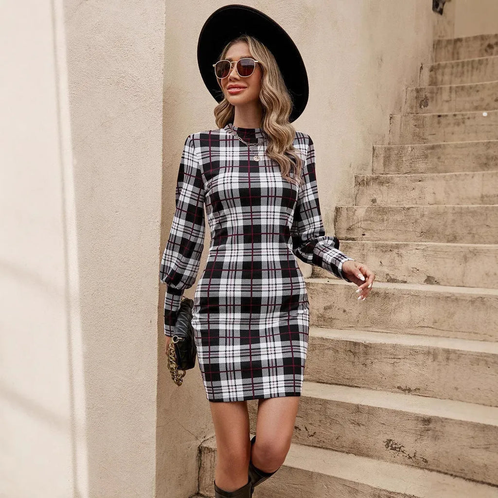 Black lantern sleeve tight dress with leather stitching details in Japanese Korean casual style