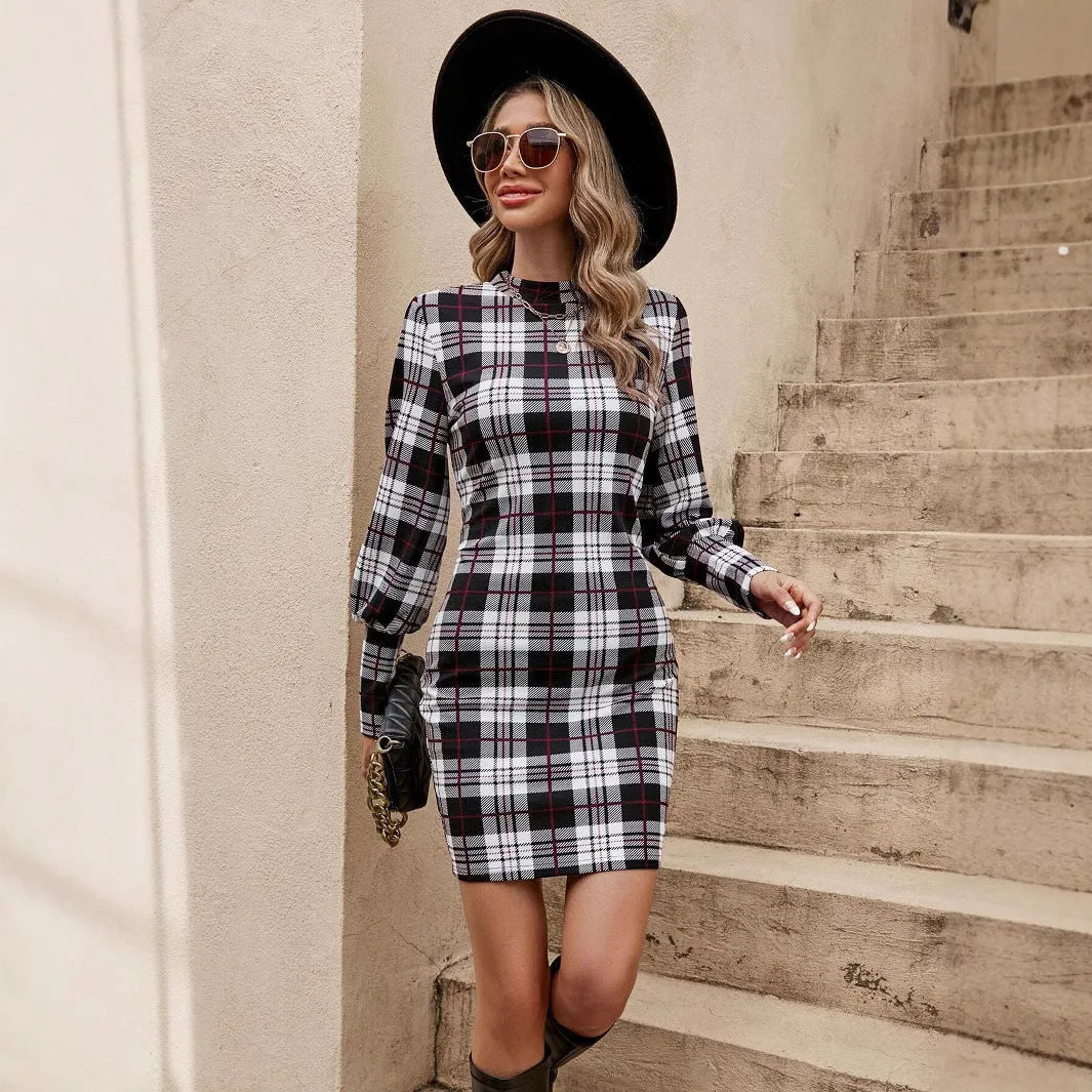 Black lantern sleeve tight dress with leather stitching details in Japanese Korean casual style