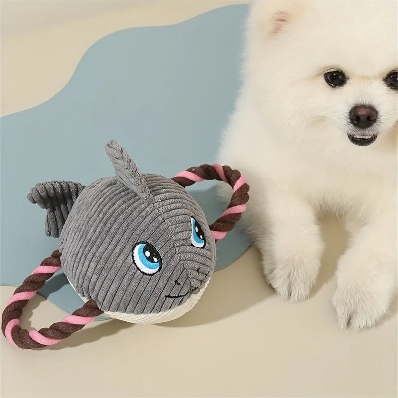 Turtle-shaped grey dog chewing toy with knotted rope core measuring 25cm