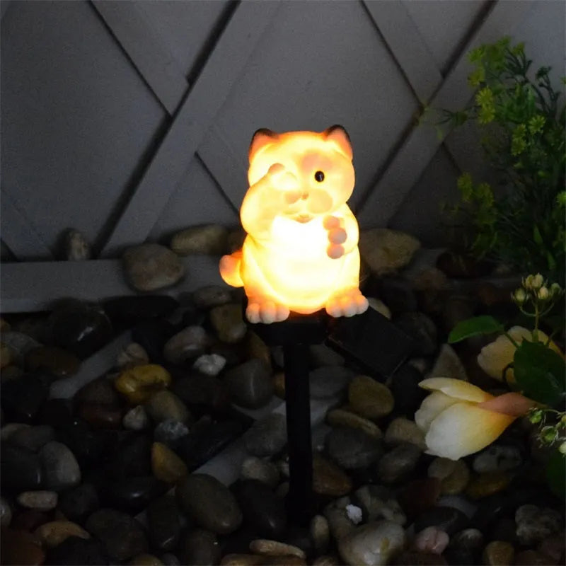 Brown and grey cat-shaped resin solar lawn light for outdoor gardens