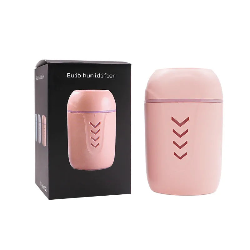 X3 portable car humidifier with columnar shape in blue, showing USB cable and 200ml water tank capacity.