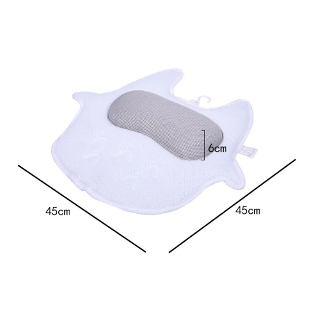 White ergonomic bathtub pillow with 5D mesh fabric and 55mm suction cups, 45cm square