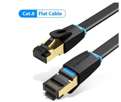 CAT8 Ethernet patch cable with RJ45 connectors, shown in flat and round styles in various lengths.