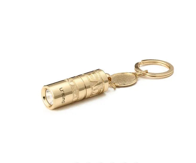 Gold zinc alloy emergency keychain flashlight with LED light and keyring attachment