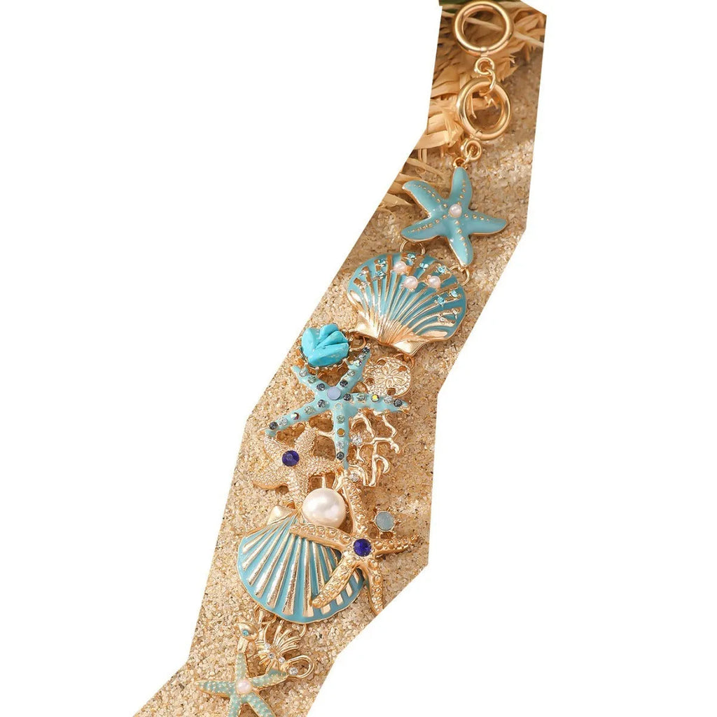 Alloy rhinestone boat anchor bracelet with starfish charm in turquoise coral red or blue