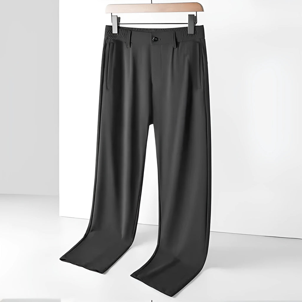 Men's solid colour ice silk straight-leg trousers with an elasticated open waistband, shown in black.