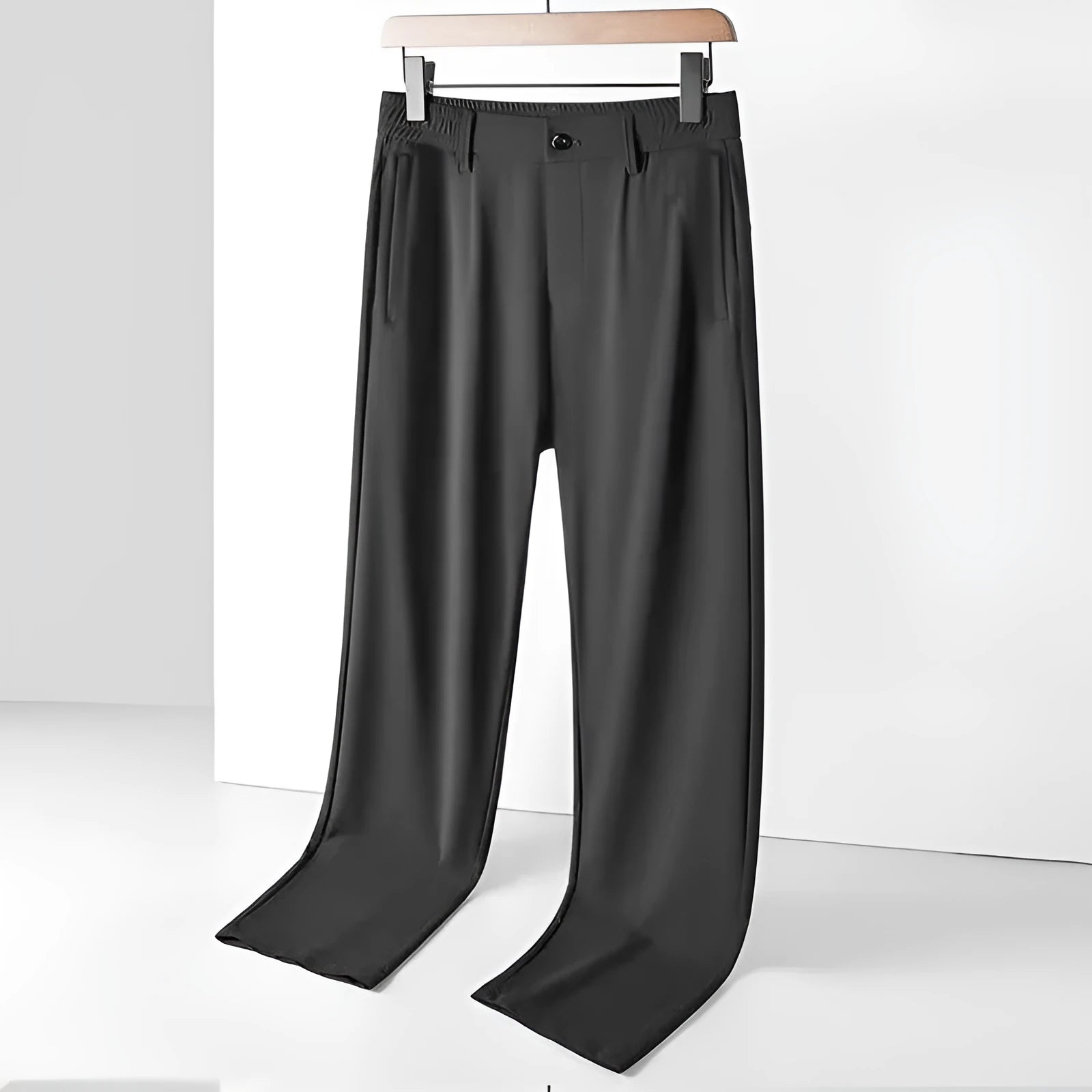 Men's solid colour ice silk straight-leg trousers with an elasticated open waistband, shown in black.