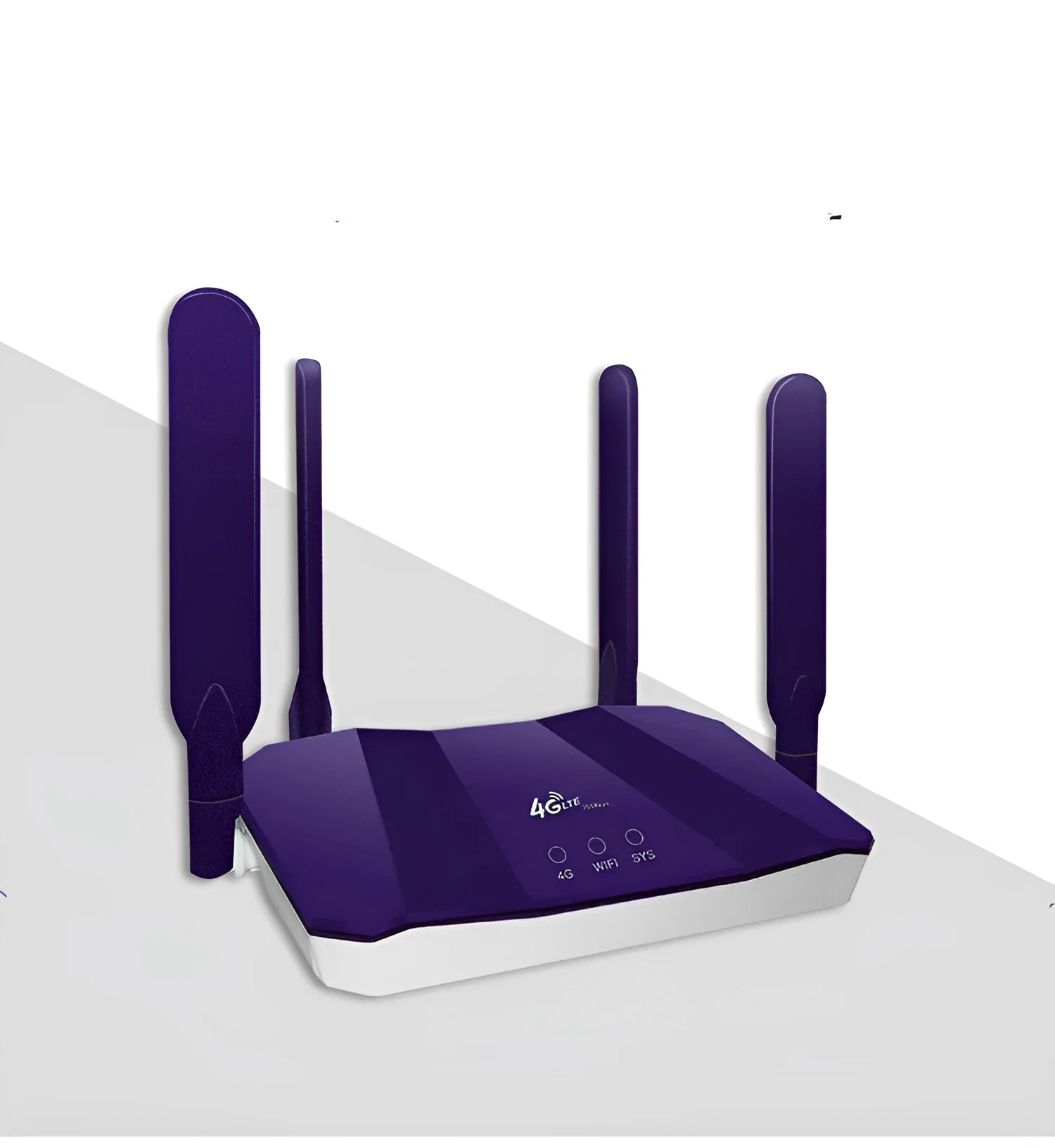 Blue 4G dual-mode router with four external antennas on a desk