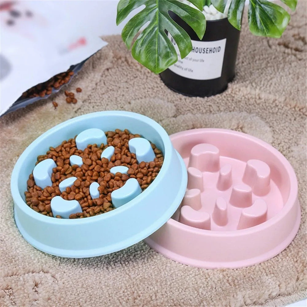 Anti choking slow feeding puzzle pet bowl in durable plastic blue for dogs and cats