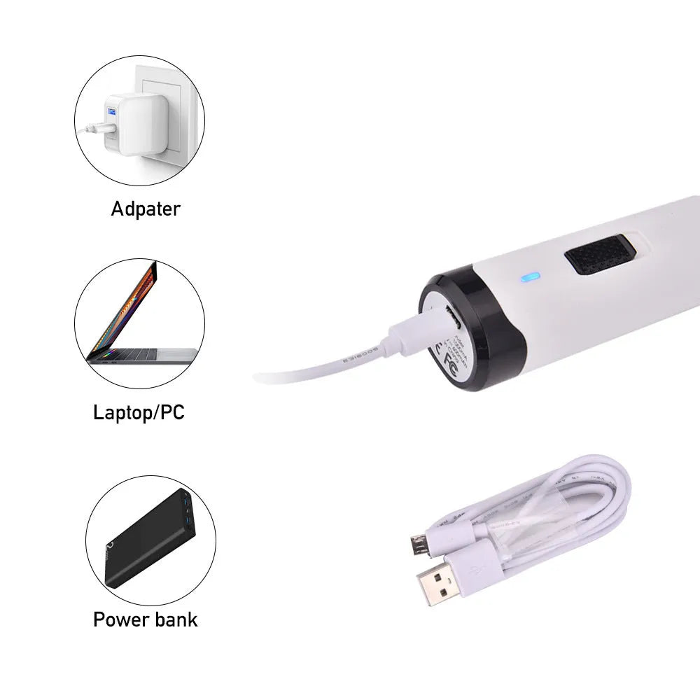 Blue pet nail polisher with USB cable on white background, compact size 17x10x4.2cm