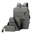Men's USB charging laptop backpack three-piece set in black, grey, navy blue, and wine red colours.