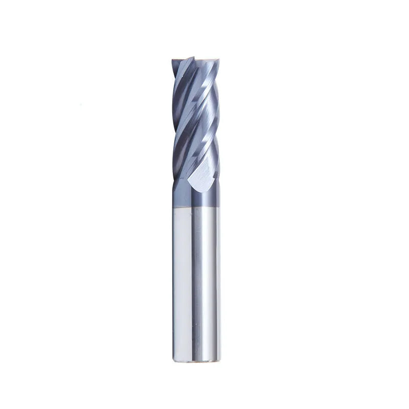 Carbide milling cutter with straight shank and spiral cutting edge showing 4-slot design
