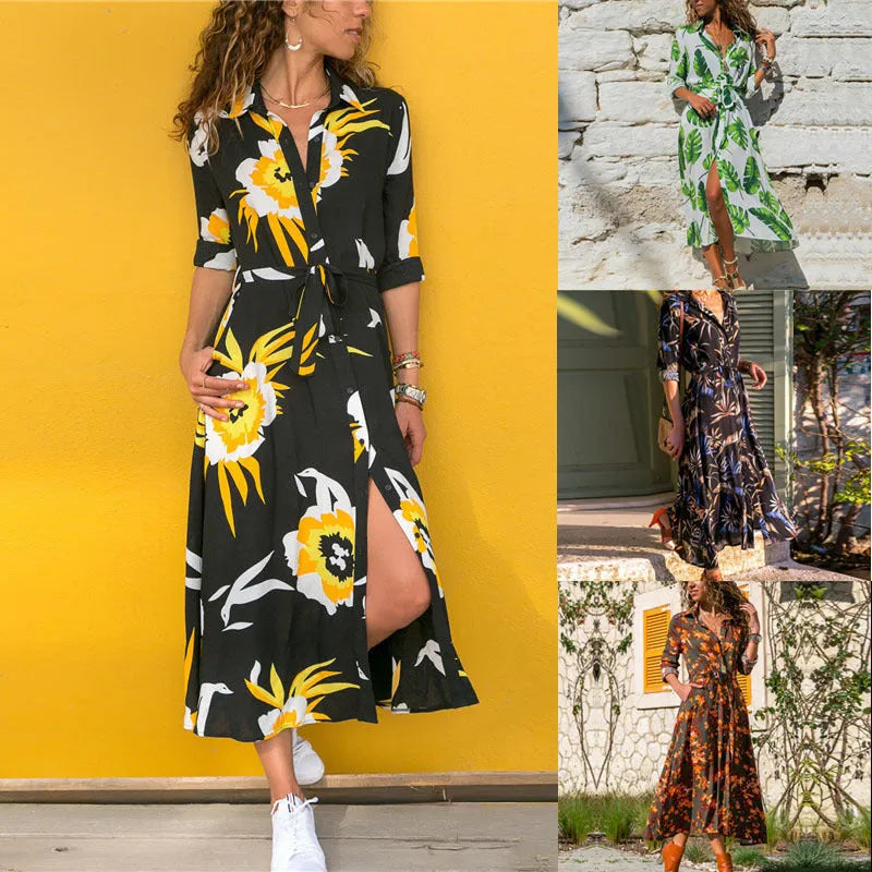 V-neck chiffon dress with printed pattern and high waist A-line skirt
