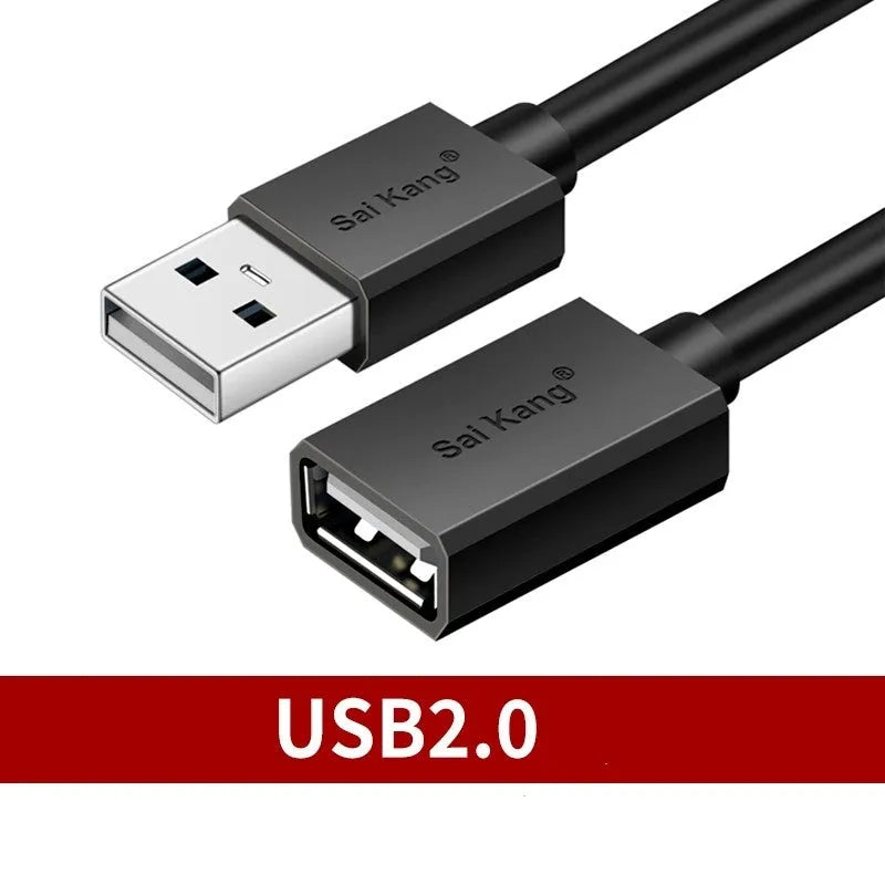 Black USB male to female extension cable showing connector details, available in multiple lengths.