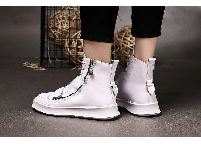 PU leather men's winter ankle boots in black and white high-top sneaker style