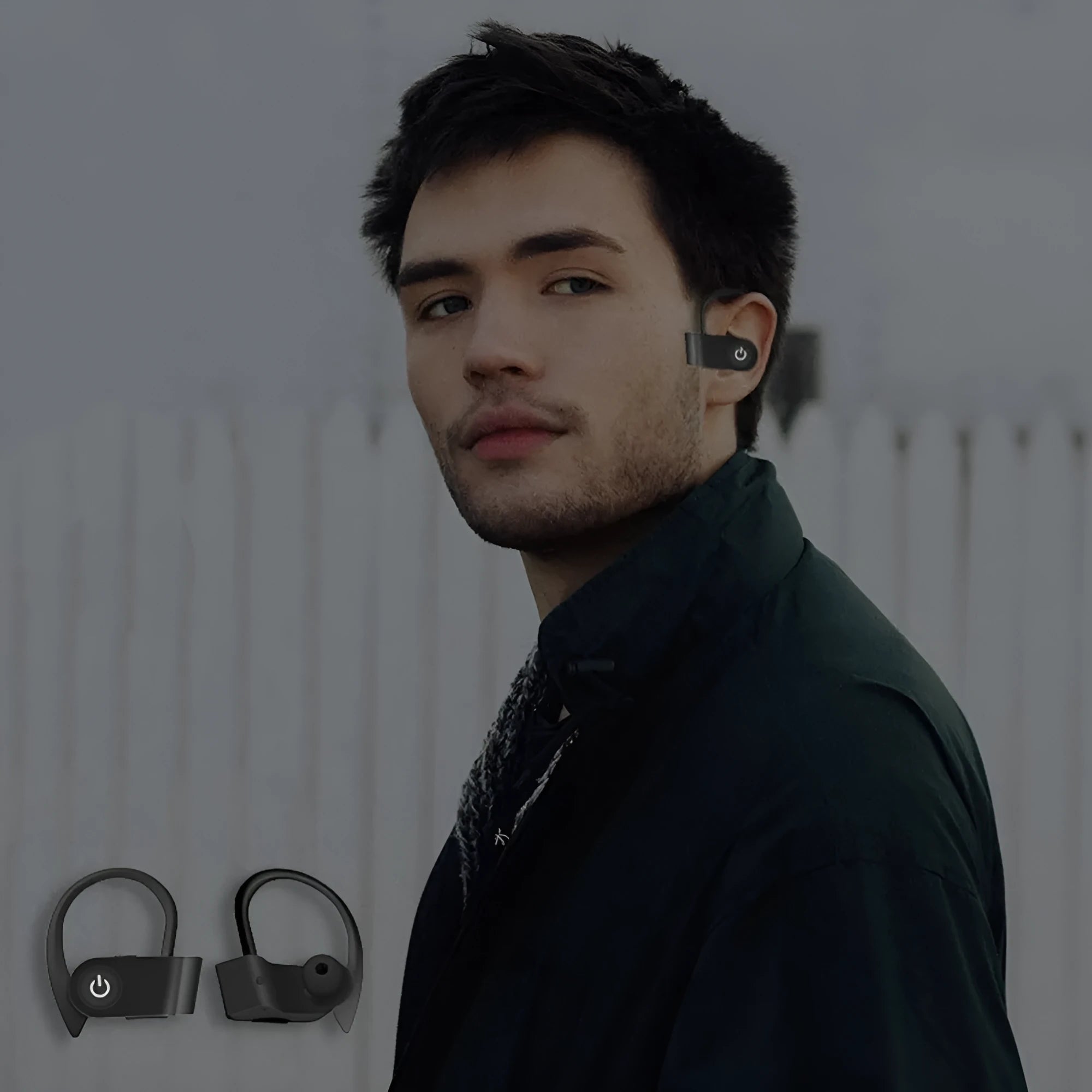 Black wireless Bluetooth earphones with ergonomic in-ear design, showing built-in buttons and microphone.