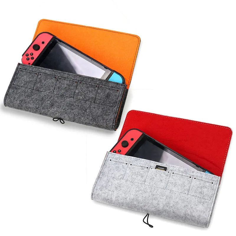 Black felt pouch case for Nintendo Switch open to show console and game card slots
