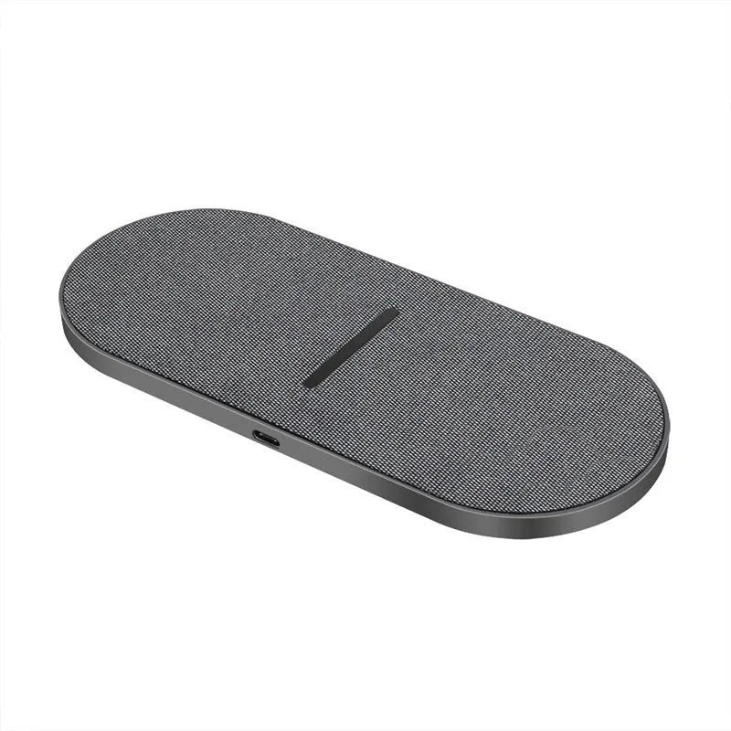 Black 10W dual wireless charging pad set with LED lights, shown charging two smartphones.