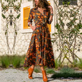 V-neck chiffon dress with printed pattern and high waist A-line skirt