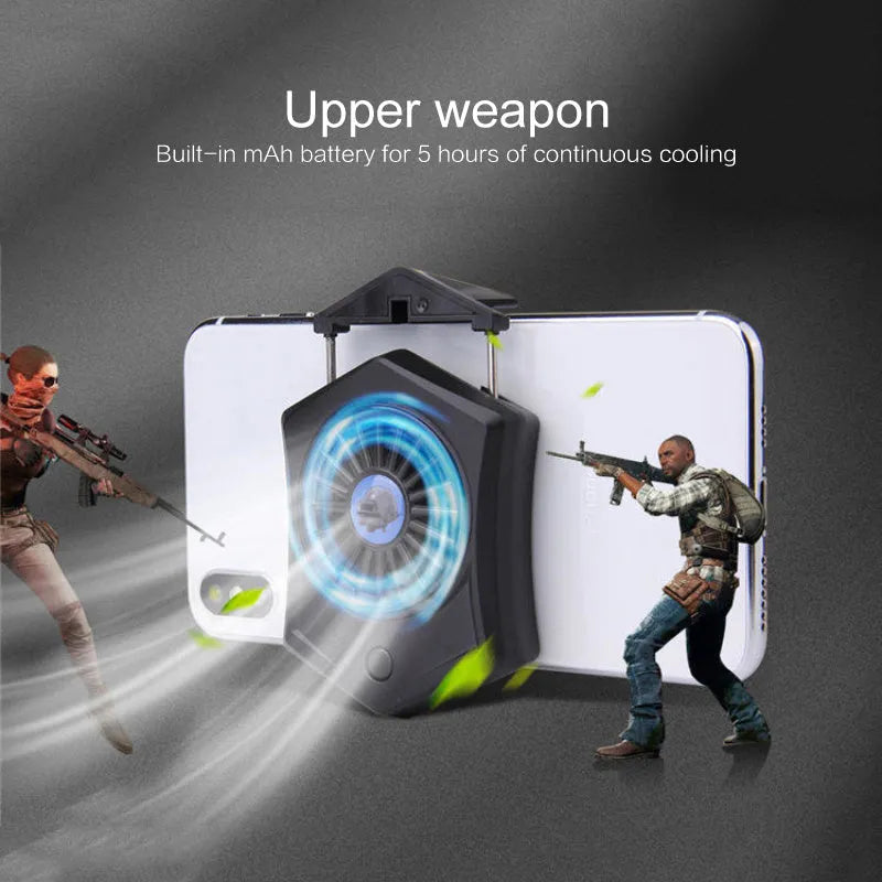 Black mobile phone cooling radiator with USB cable attached to smartphone during gaming
