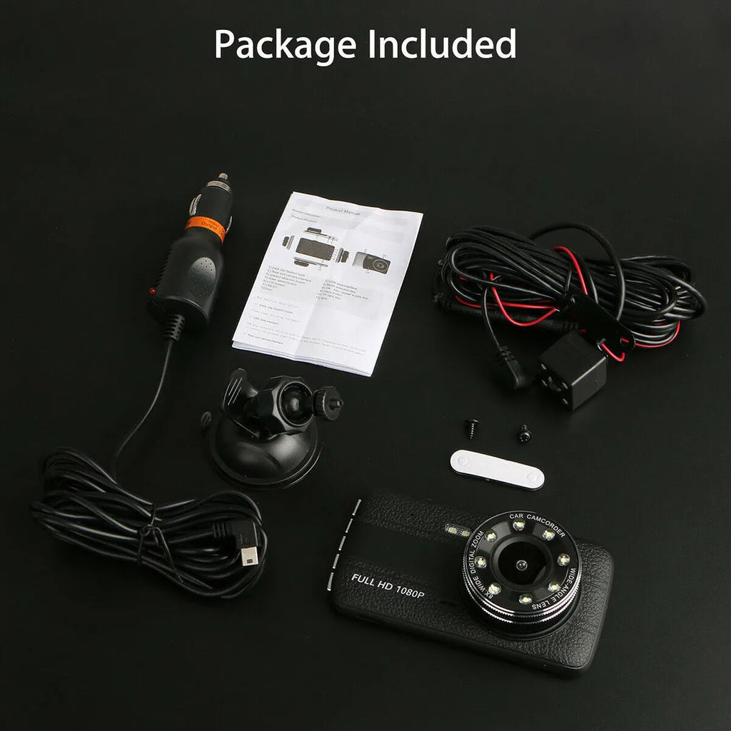 HD driving recorder with eight night vision lights and 4.0 inch screen installed on car windscreen