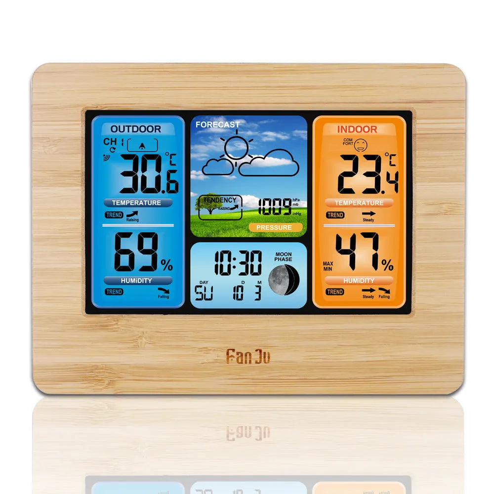 Black rectangular digital weather station with LCD display showing temperature, humidity, and weather data