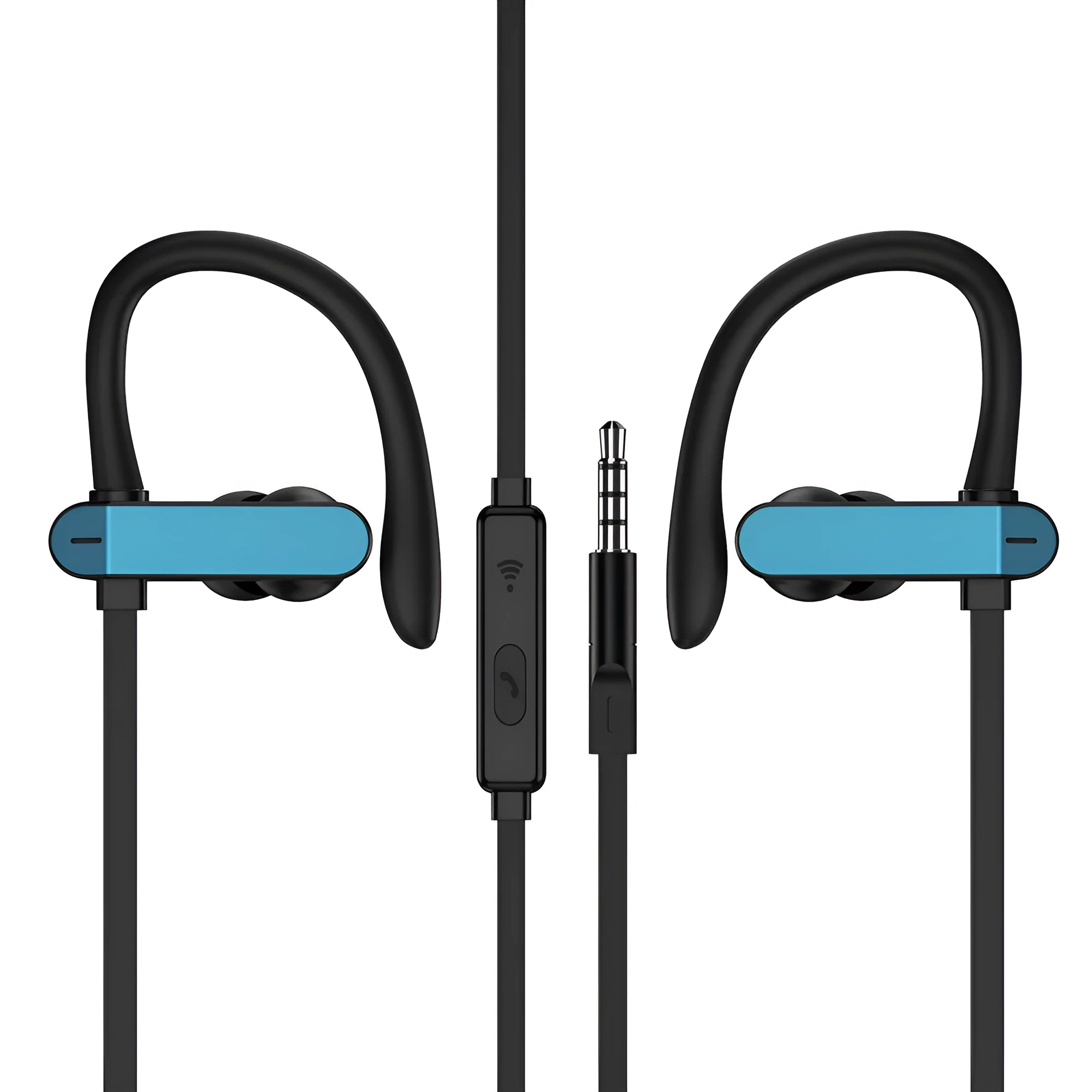 Sport ear hook headphones with microphone in black blue colour, showing over-ear hook and silicone earbuds.