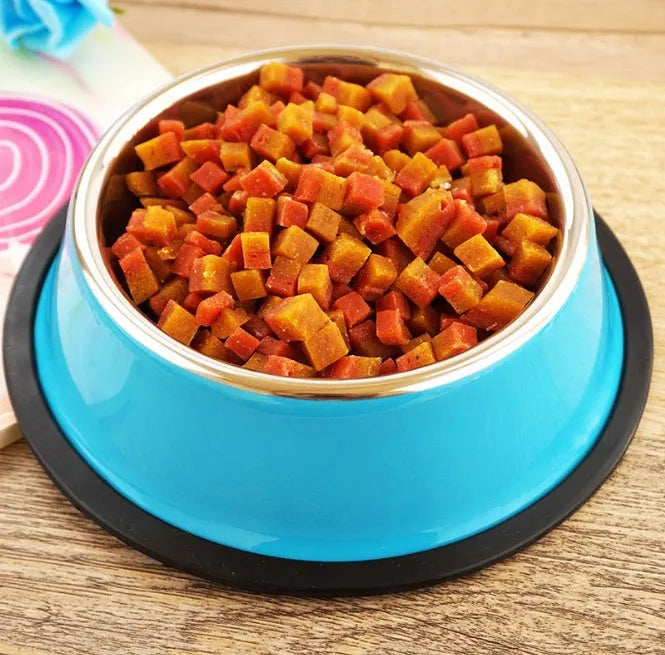 Pet feeding bowl with stainless steel inner, colourful melamine outer, and anti-slip rubber base