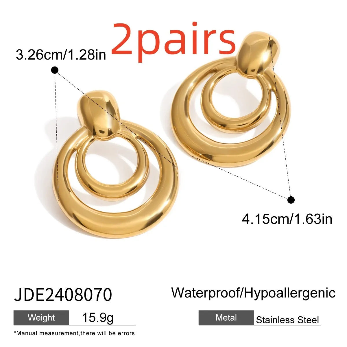 Golden round titanium steel hollow stud earrings with double layer construction and hypoallergenic properties