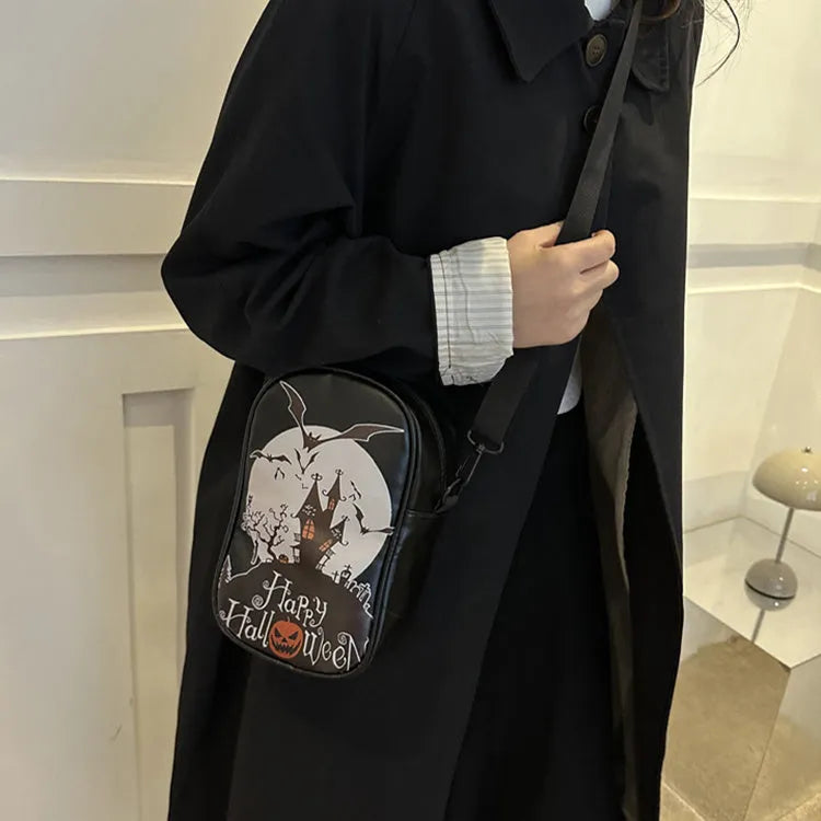 Halloween graffiti phone crossbody bag with cartoon pumpkin ghost bat print