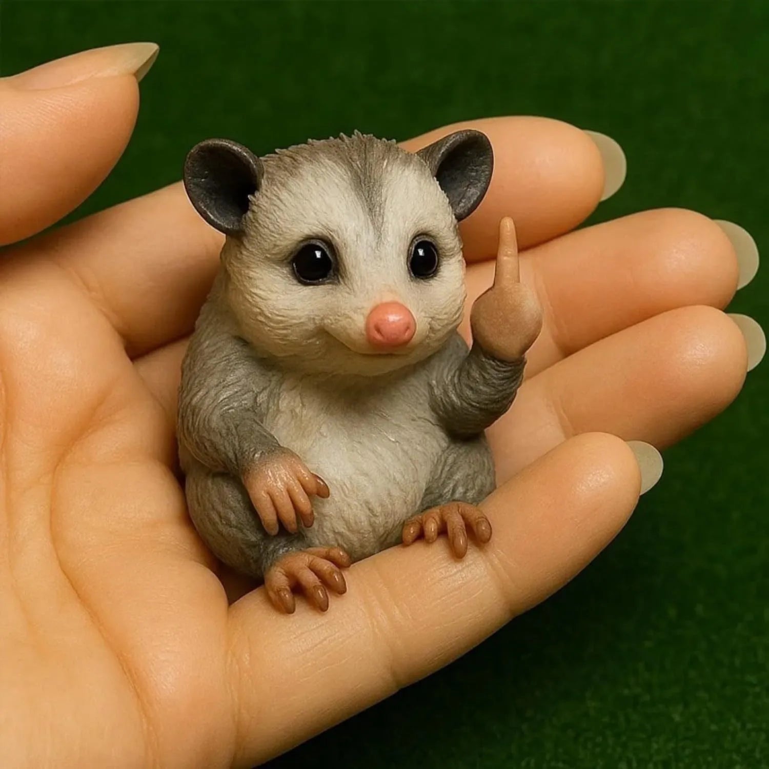 Mini resin animal doll in vertical middle finger pose - available in seven animal designs including cat, dog, elephant, frog, highland cattle, mouse, and turtle