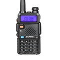 Black handheld VHF UHF walkie talkie with antenna, showing compact 110mm by 58mm size.