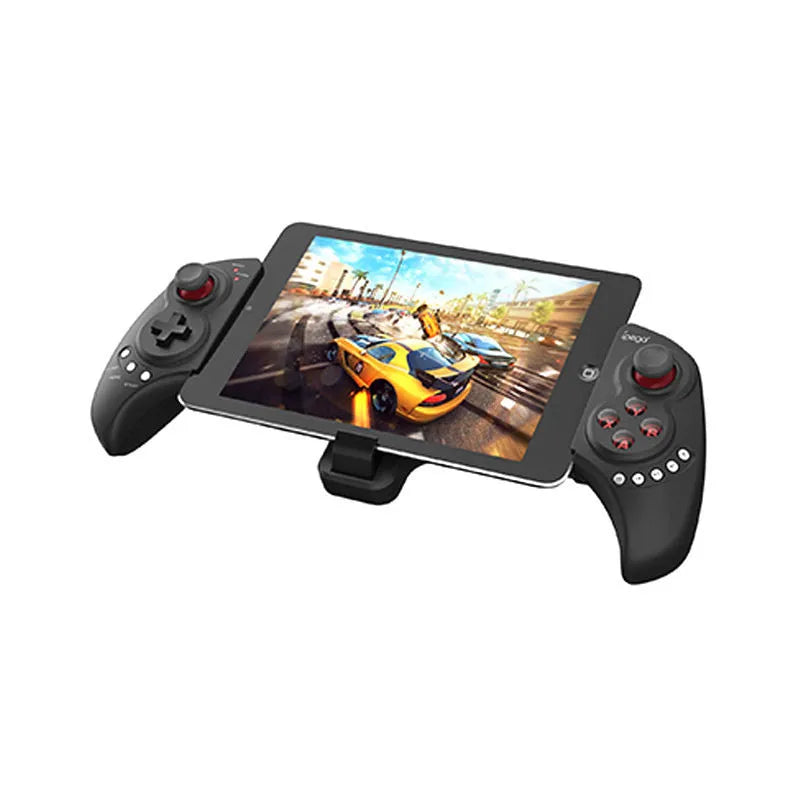 Black wireless telescopic game controller expanded to hold a mobile phone.