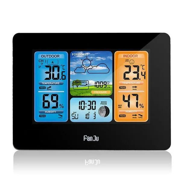 Black rectangular digital weather station with LCD display showing temperature, humidity, and weather data