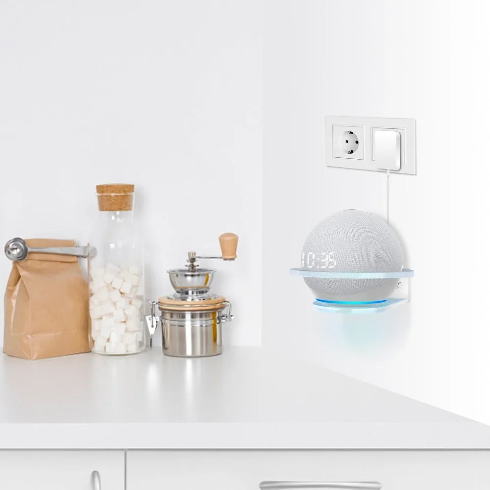 White plastic wall mounting bracket for Amazon Echo Dot 4 smart speaker